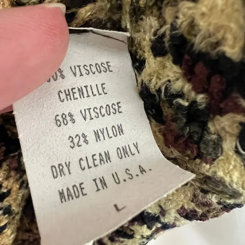 70s Carol Horn Sweater Jacket Large Womens Leopard Chenille Knit Wood Button Vtg